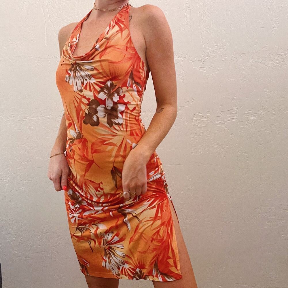 Vintage Y2K Orange Hawaiian Flower Cowl Neck Halter Slip Dress - Picture 6 of 8